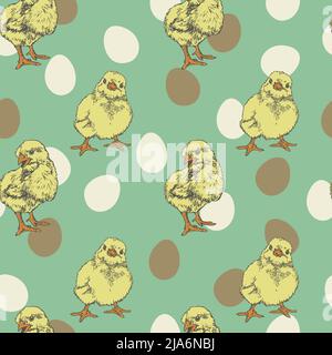 Vector seamless pattern with chicks and eggs. Hand drawn design with cute chicks. Stock Vector