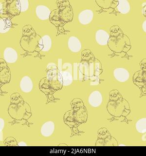 Vector seamless pattern with outlines of chicks on yellow background. Design with chicks and eggs in retro style. Stock Vector