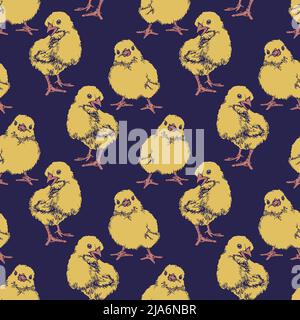 Vector seamless pattern with chicks on dark background. Hand drawn design with yellow chicks. Stock Vector