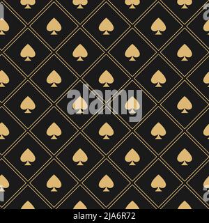 Seamless pattern with golden spades. Casino gambling, poker background. Alice in wonderland ornament. Fantasy wallpaper. Stock Vector