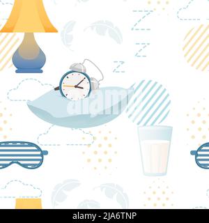 Seamless pattern Items for sleeping pillows mask and night lamp vector illustration on white background Stock Vector