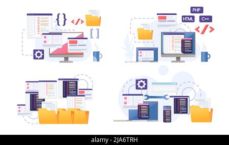 Collection of Concept for development using programming languages with online sharing data vector illustration on white background Stock Vector