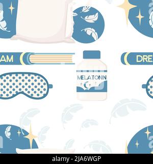 Seamless pattern Items for sleeping pillows mask and alarm clock vector illustration on white background Stock Vector