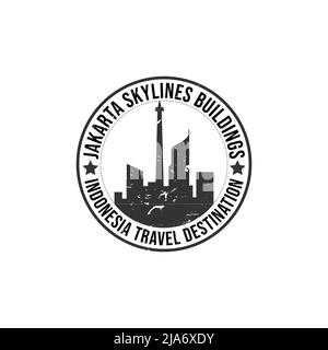 Grunge rubber stamp with the text Jakarta travel destination written inside the stamp. Time to travel. Jakarta skylines and national monument or monas Stock Vector