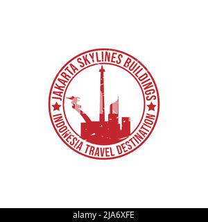 Grunge rubber stamp with the text Jakarta travel destination written inside the stamp. Time to travel. Jakarta skylines and national monument or monas Stock Vector