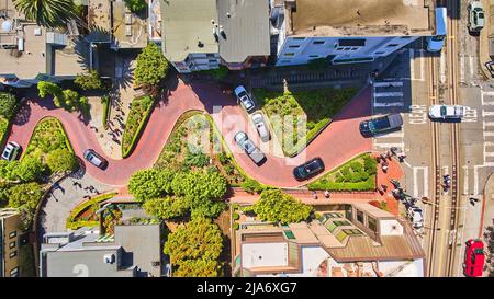 Above view of winding brick road at Lombard Street in San Francisco Stock Photo