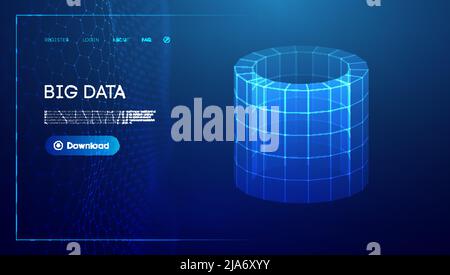Bid data blue background. Wireframe cylinder vector. Network connection. Stock Vector