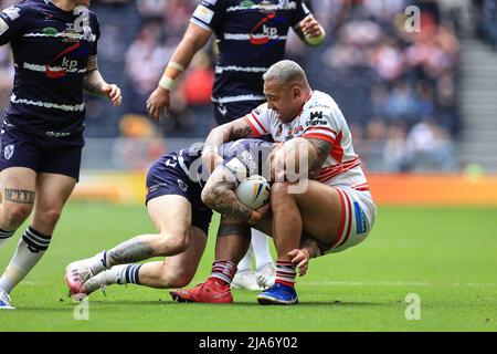 London, UK. 28th May, 2022. Luke Briscoe #2 of Featherstone Rovers is tackled by Kristian Inu #23 of Leigh Centurions in London, United Kingdom on 5/28/2022. (Photo by Mark Cosgrove/News Images/Sipa USA) Credit: Sipa USA/Alamy Live News Stock Photo