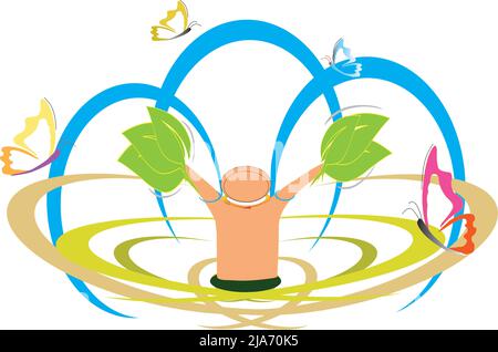 Monks are at one with nature. Monk at spiritual practice. Nature spiritual vector illustration isolated on white background Stock Vector