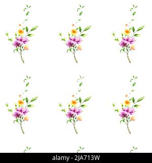 Hand drawn watercolor seamless pattern of realistic flowers .Mixed media art. Stock Photo