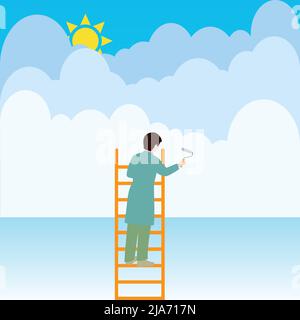 Man on a ladder painting clouds Stock Vector