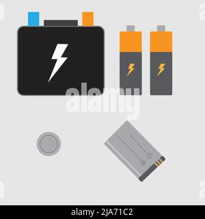 Different types of batteries, automotive and portable batteries Stock Vector