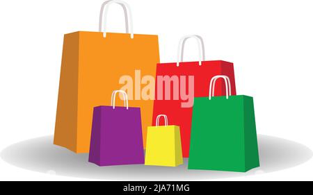 Colorful paper shopping bags of different sizes, vector on white background Stock Vector