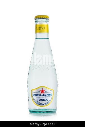 LONDON,UK - MAY 14, 2022: Sanpellegrino citrus sparkling tonic soda on white. Stock Photo