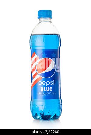 LONDON,UK - MAY 22, 2022: Pepsi Blue Berry Flavoured Cola soda drink on white. Stock Photo