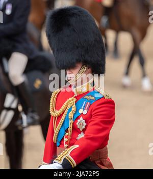 Horse Guards Parade, London, UK. 28 May 2022. The Colonel’s Review takes place, reviewed by HRH the Duke of Cambridge (pictured), and is the final rehearsal for Trooping the Colour which will take place on a weekday - Thursday 2nd June - for the Platinum Jubilee year. This year, the honour of trooping their colour falls to the Irish Guards and as Colonel of the regiment the Duke leads the final review. Credit: Malcolm Park/Alamy Live News Stock Photo