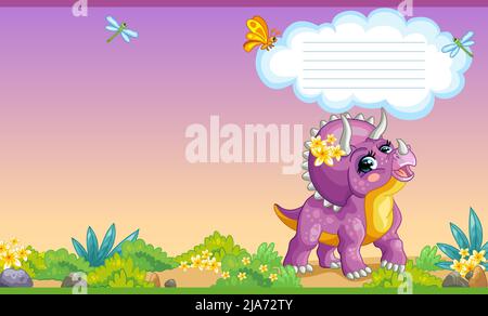 Colorful cover design with cute dinosaur triceratops in nature. Children cartoon background. Vector illustration. Two-page cover for notebooks, books, Stock Vector