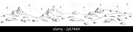 Alien planet graphic black white space long landscape sketch illustration vector Stock Vector