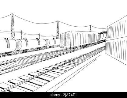 Cargo train station platform graphic train sketch illustration vector Stock Vector