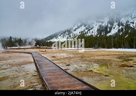 Boardwalks through dangerous Yellowstone pools of green by foggy pine tree mountains covered in snow Stock Photo