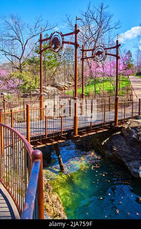 Artistic walking bridge over beautiful creek with cherry trees in early spring Stock Photo