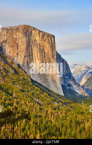 Iconic El Capitan during sunset light from Tunnel View at Yosemite Stock Photo