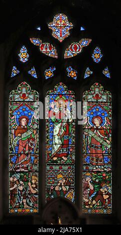 A stained glass window by Frederick Preedy depicting the resurrection of Christ, St John the Baptist Church, Hellidon, Northamptonshire Stock Photo