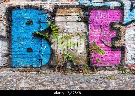 Trees grow between graffiti-covered weathered wall and cobbled pavement, Mitte,Berlin,Germany Stock Photo