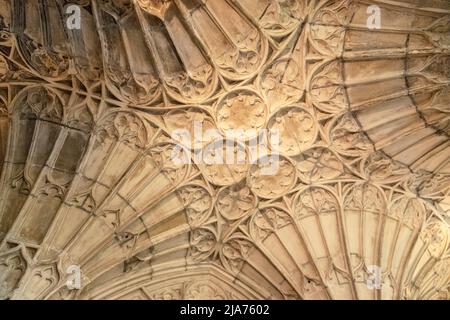 Detailed view of the exquisite patterns in the fan vaulted ceiling of the Gloucester Cathedral’s cloisters, Gloucestershire, England, United Kingdom. Stock Photo