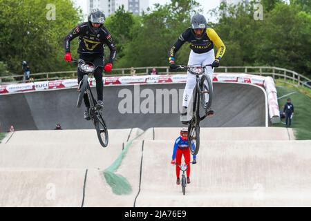 Glasgow, UK. 28th May, 2022. The world BMX Racing world cup took place at the BMX track in Glasgow, Scotland, UK and attracted an international list of over 200 competitors from across the world. The competition is a two day event and will showcase the best athletes in the sport. Credit: Findlay/Alamy Live News Stock Photo