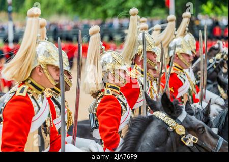 London, UK. 28th May, 2022. The first female soldiers to Troop the Colour riding with The Household cavalry march past - The Duke of Cambridge, Colonel of the Irish Guards, carries out the Colonel's Review at Horse Guards Parade. This is the final evaluation of the parade, in preparation for Trooping the Colour as aprt of the Queen's Platinum Jubilee celebrations next Thursday. The 1st Battalion Irish Guards troop their New Colours. Credit: Guy Bell/Alamy Live News Stock Photo