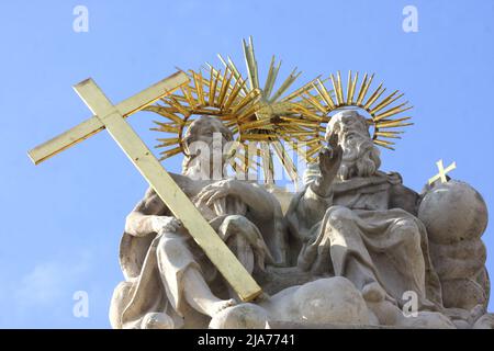 Replica statue of the Holy Trinity plague pillar, originally erected in the 18th century,  Szentharomsag Ter, Castle District, Var, Budapest, Hungary Stock Photo