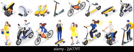 Modern city personal eco transport isometric icons set of skateboards bicycles gyro scooters electric vehicles vector illustration Stock Vector