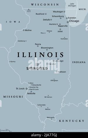 Illinois, IL, gray political map with capital Springfield and metropolitan area Chicago. State in Midwestern region of United States. Stock Photo