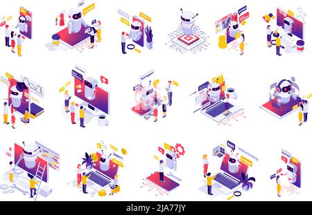 Chatbot messenger ai applications isometric set with personal time finance business manager bot creation isolated vector illustration Stock Vector