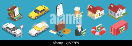 Insurance isometric icons set of private buildings cars health coverage during the trip isolated vector illustration Stock Vector