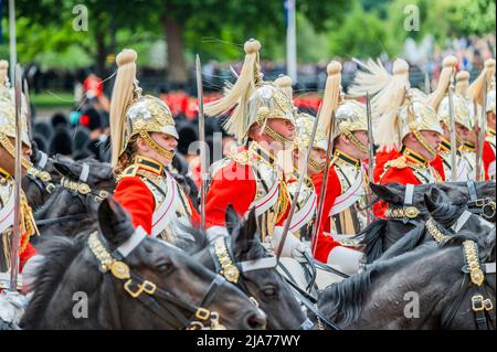 London, UK. 28th May, 2022. The first female soldiers to Troop the Colour riding with The Household cavalry march past - The Duke of Cambridge, Colonel of the Irish Guards, carries out the Colonel's Review at Horse Guards Parade. This is the final evaluation of the parade, in preparation for Trooping the Colour as aprt of the Queen's Platinum Jubilee celebrations next Thursday. The 1st Battalion Irish Guards troop their New Colours. Credit: Guy Bell/Alamy Live News Stock Photo