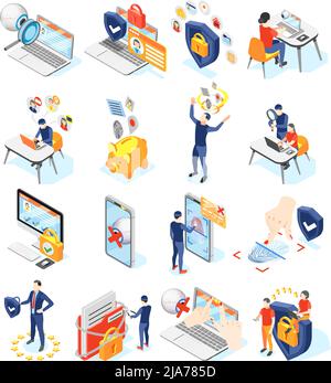 Personal data protection gdpr isometric recolor set of isolated icons and pictograms with gadgets and people vector illustration Stock Vector