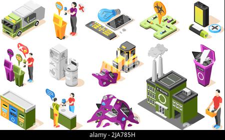 Electronic garbage isometric icons collection with isolated icons of dead batteries waste bins and disposal fields vector illustration Stock Vector