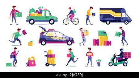 Parcels packages mail worldwide delivery options colorful set with bike motorbike courier van driver service vector illustration Stock Vector