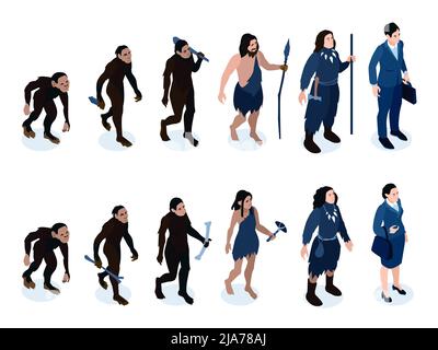 Isometric human evolution color set with characters of neanderthal men and women with instruments of labour vector illustration Stock Vector