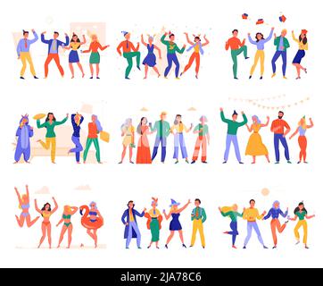 Happy people dancing at theme pyjamas and swimming pool party flat set isolated on white background vector illustration Stock Vector