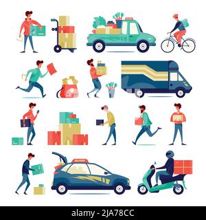 Flat set of icons with delivery men vehicles boxes isolated on white background vector illustration Stock Vector