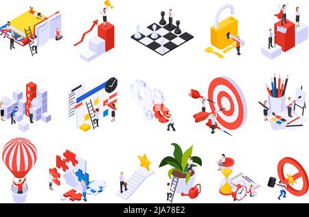 Personal growth symbols isometric set with puzzle chess pieces task planner padlock key target podium vector illustration Stock Vector