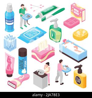 Personal family hygiene set with milk soap and toothpaste isometric isolated vector illustration Stock Vector