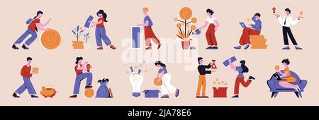Crowdfunding flat horizontal icons set with people watering money tree rolling coins saving banknotes vector illustration Stock Vector