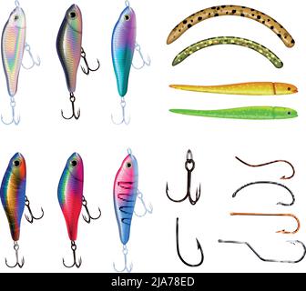Fishing equipment realistic set with isolated icons of ledger hooks and colourful jigs with spoon baits vector illustration Stock Vector