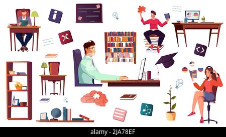 Self education set of flat isolated icons human characters and images of home and classroom furniture vector illustration Stock Vector