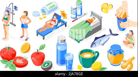 Strengthening immunity isometric recolor icon set with hardening proper nutrition taking vitamins sports and increasing immunity vector illustration Stock Vector