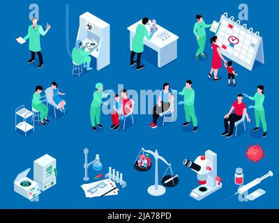 Vaccination isometric color set of scientists engaged in experiments in laboratory and medical staff conducting practical inoculation isolated vector Stock Vector
